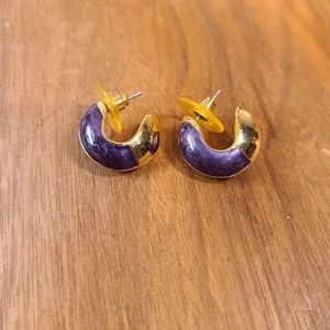 Vintage 80s 90s Mini Open Hoop Earrings Gold Colored Purple Enamel
